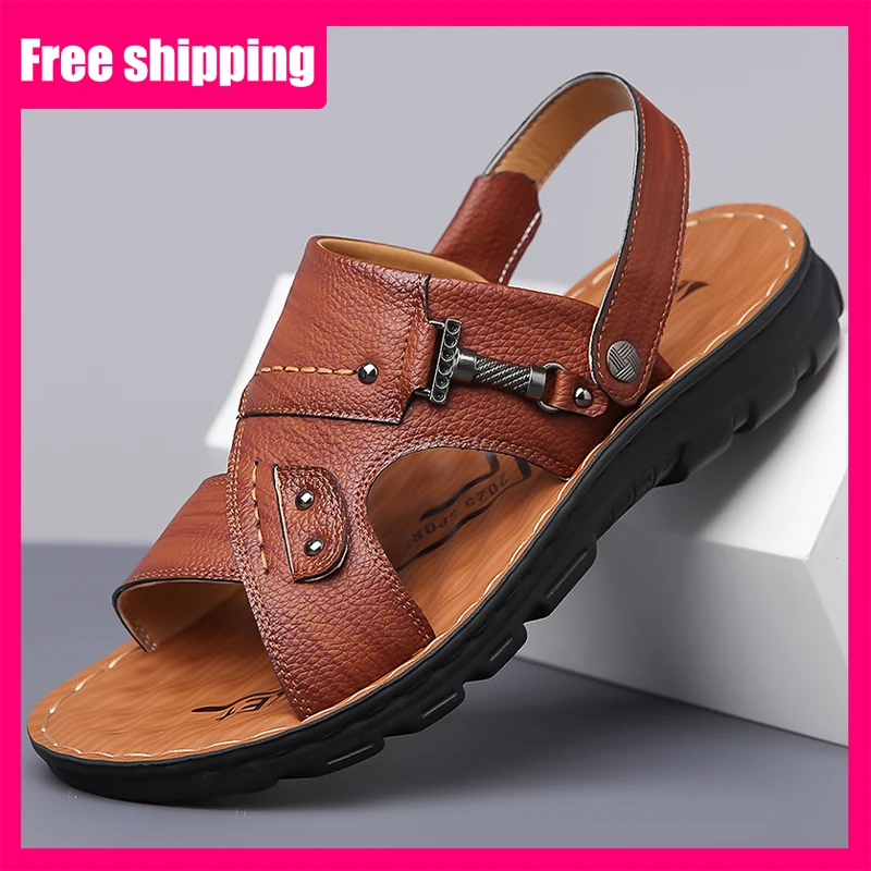 

Мужские летние кожаные сандалии для улицы с мягкой подошвой, дышащие, нескользящие, для прогулок, комфортные, повседневные, для среднего возраста