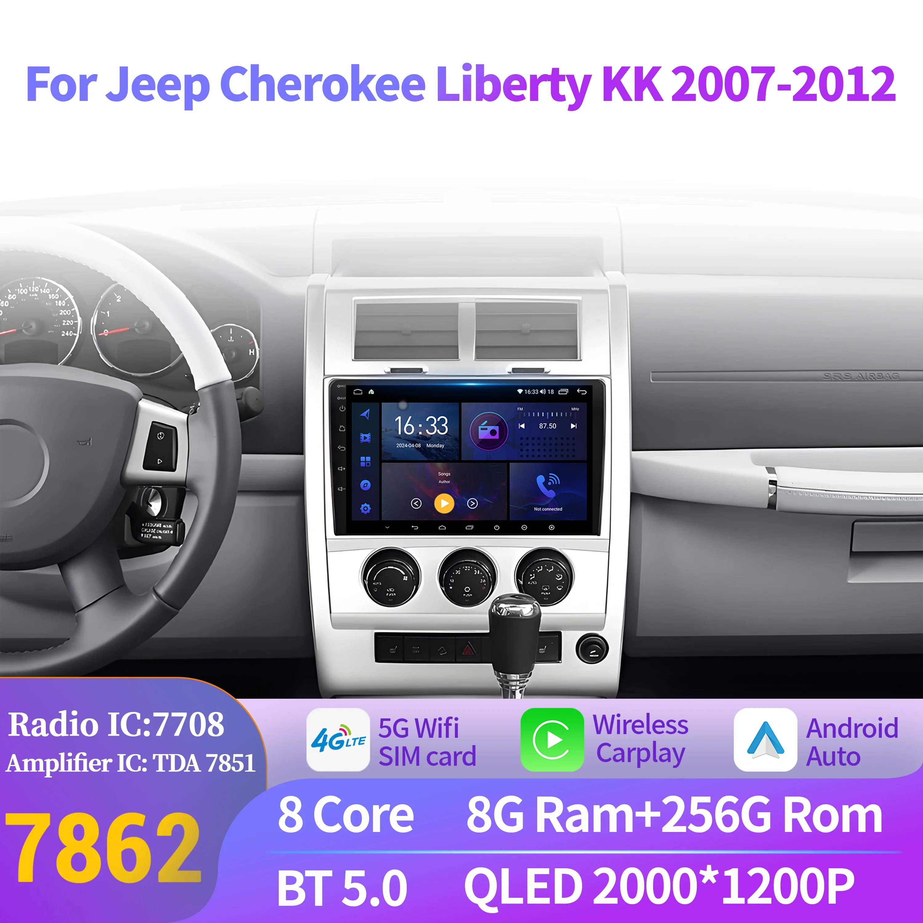 

Android 14 Car Radio Carplay For Jeep Cherokee Liberty KK 2007-2012 Stereo Multimedia 7862 8+256 radio Player BT 2K QLED Screen