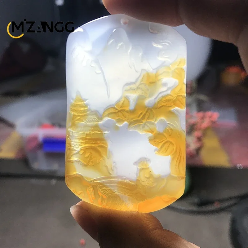 Natural Agate Playful Color Ice Bottom Landscape Pendant Fine Carving Luxury Fashion Necklace Jewelry for Men and Women