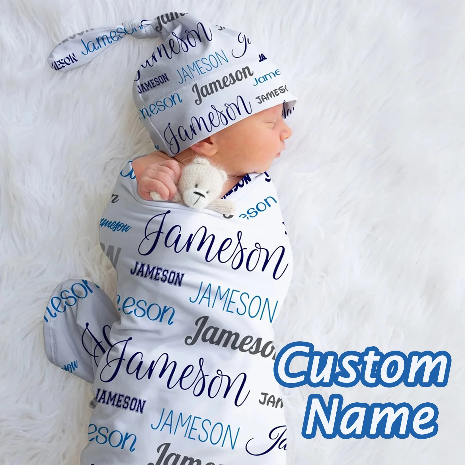 UOOPOO Personalized Name Newborn Swaddle Set, Baby Shower Gift, Baby Hat, Bow and Baby Swaddle