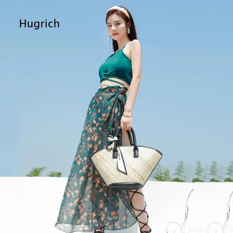 Women Halter Crop Top And Floral Print Wrap Maxi Skirt 2 Piece Outfit Set High Slit Bohemian Style Clothing For Beach Travel Sum