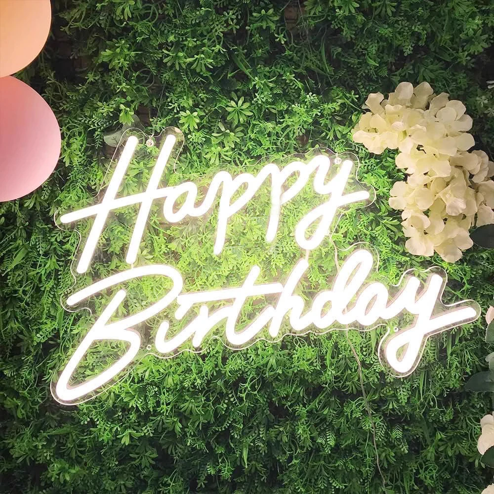 Lumière décorative au néon joyeux anniversaire rose/blanc froid/blanc chaud, adaptée aux fêtes de restaurants, décorations de vacances et rapports de fête, surprises de chambre à coucher, réunions de salon et essentiels pour les accessoires photo