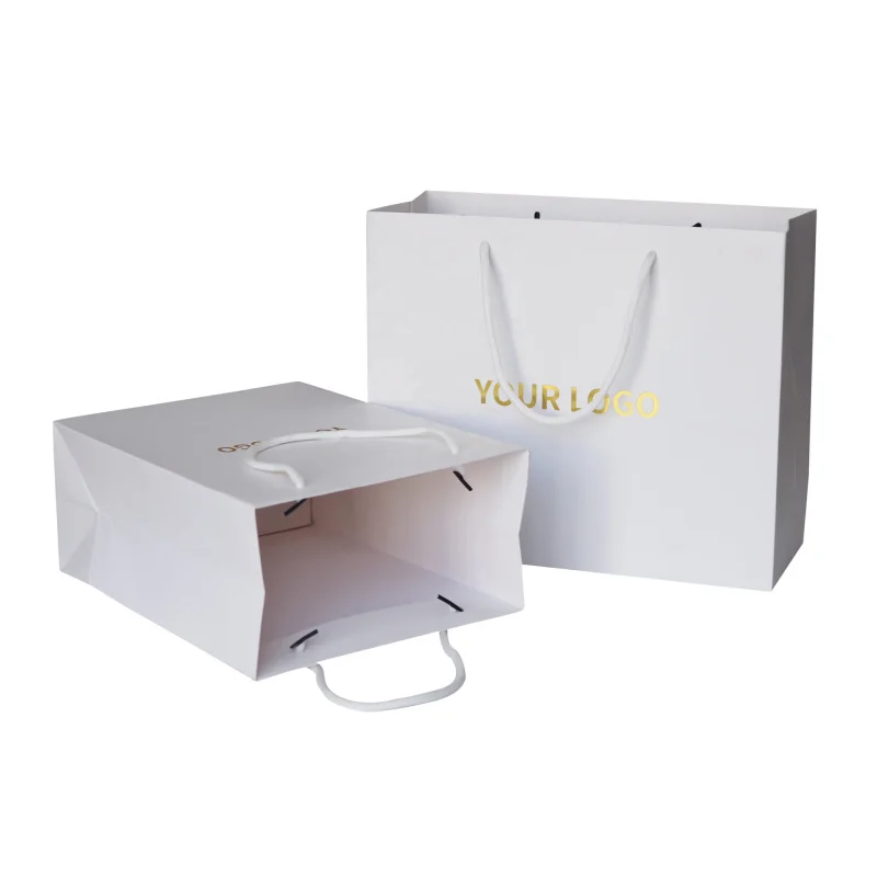 

size 40x30x10cm Customized fashion clothes gift package card white shopping paper bags with handle and print goil gold