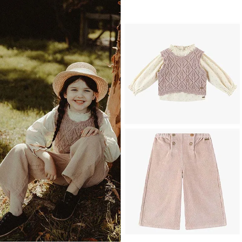 

Per-sale (Ship in September) 2024 Autumn Kids Shirts Baby Girls Hollow Knitted Vest Baby Children Pants Kids Boutique Clothes