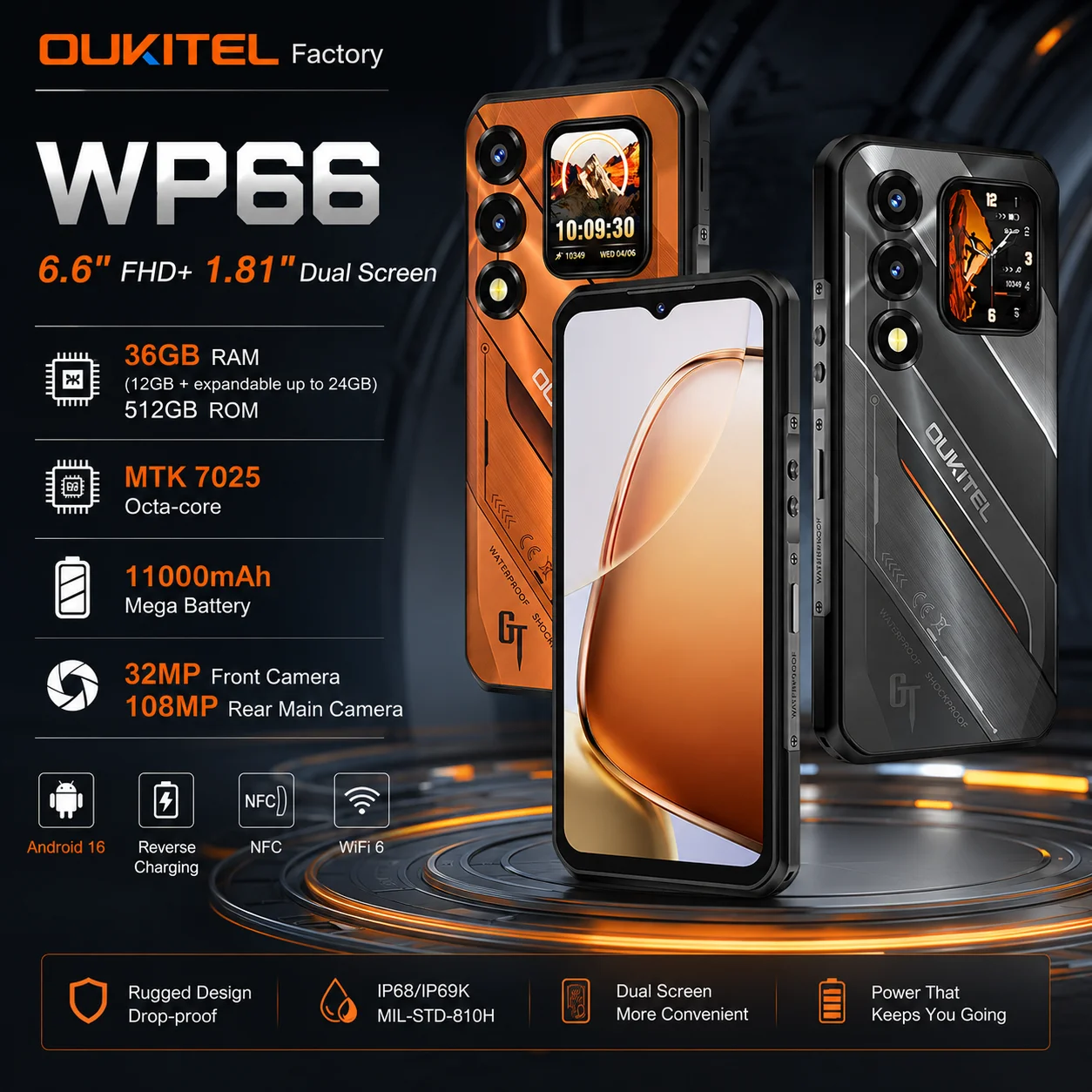 Global version OUKITEL WP66 5G Rugged Phone MTK 7025 6.6" FHD+ 1.81" Dual Screen 36GB+512GB 11000mAh 108MP Smartphone Android 16
