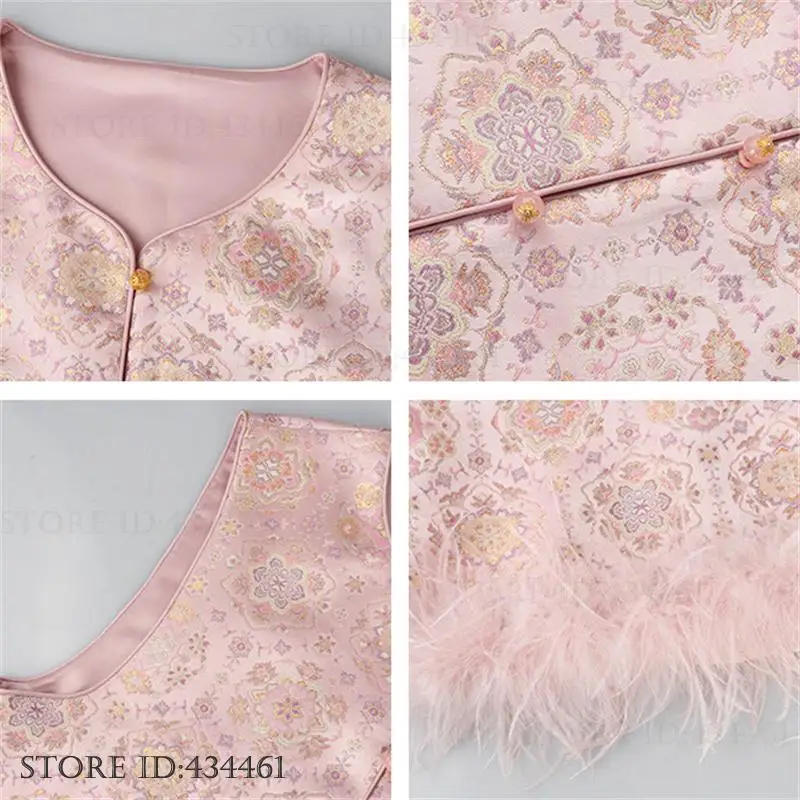 New Chinese Style Female Vest Pink Jacquard Qipao Tops High Quality Feathers Satin Tang Clothes Waistcoat Sexy Blouse Jacket
