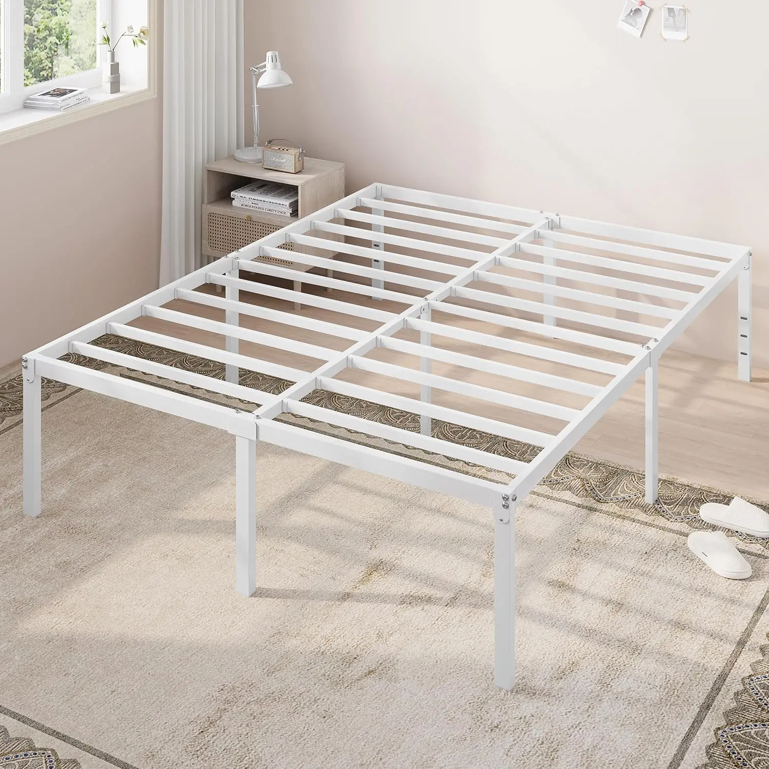Full Size Bed Frame, 18 Inch Metal Platform Beds with Storage, No Box Spring and Easy Assembly, White