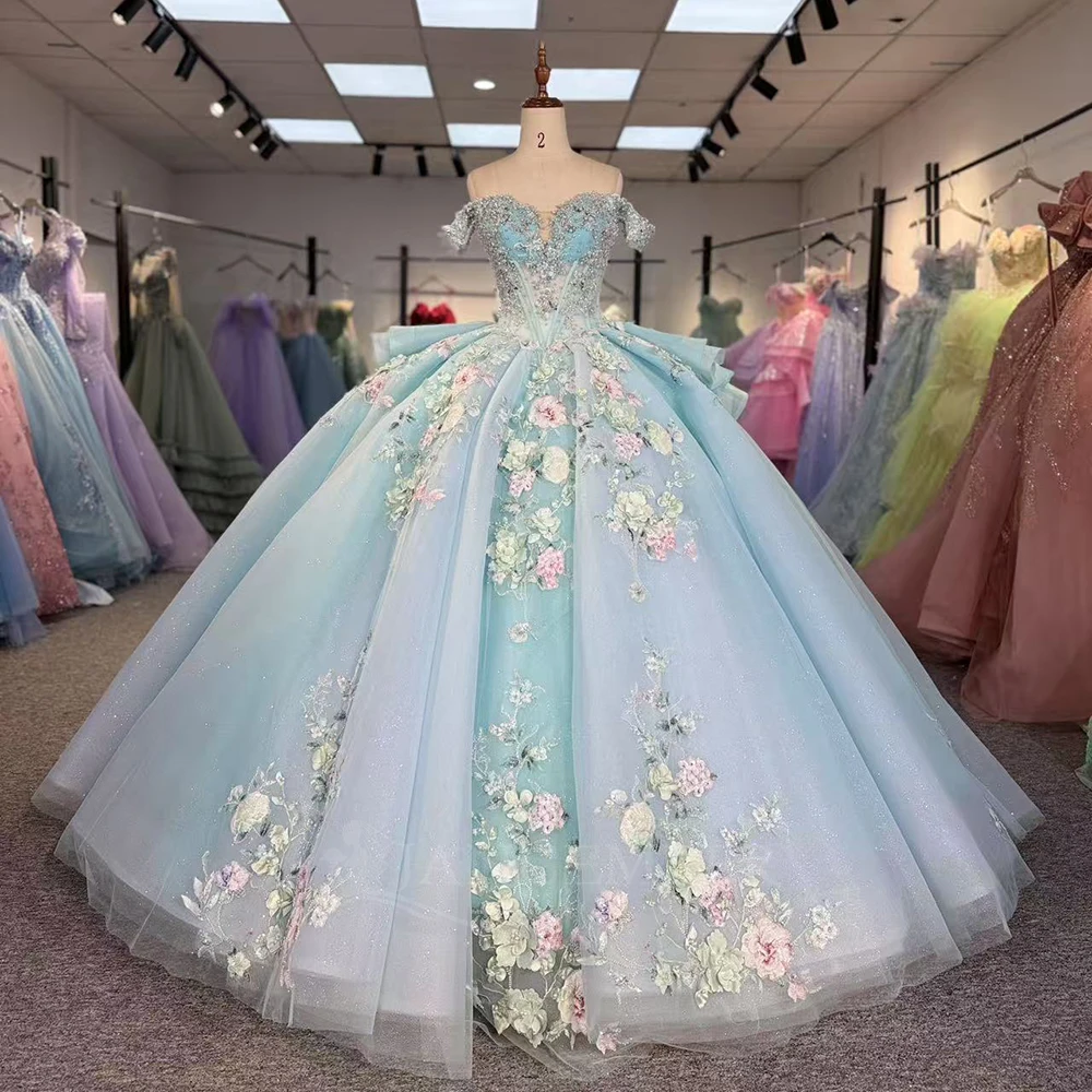

Платье принцессы Quinceanera по индивидуальному заказу, бальное платье с блестящим кружевом и бисером, Sweet 16, Vestidos De 15 Anos, многоуровневое платье со шнуровкой сзади и короткими рукавами