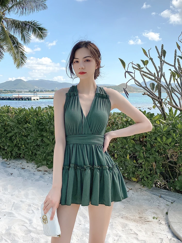 

Женский слитный купальник в стиле онсэн с юбкой для коррекции живота, модный, сексуальный, консервативный дизайн для студенток