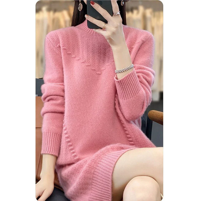 Autumn Winter Cashmere Knitting Dress Women Half High Neck Loose Knit Wool Sweater Dress For Female 3XL Vestidos