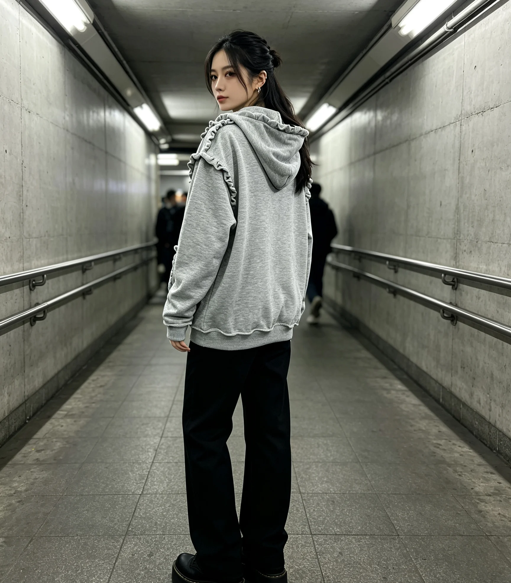 Punk-style streetwear with a trendy, edgy vibe: a vintage-inspired hooded sweatshirt featuring ruffle detailing