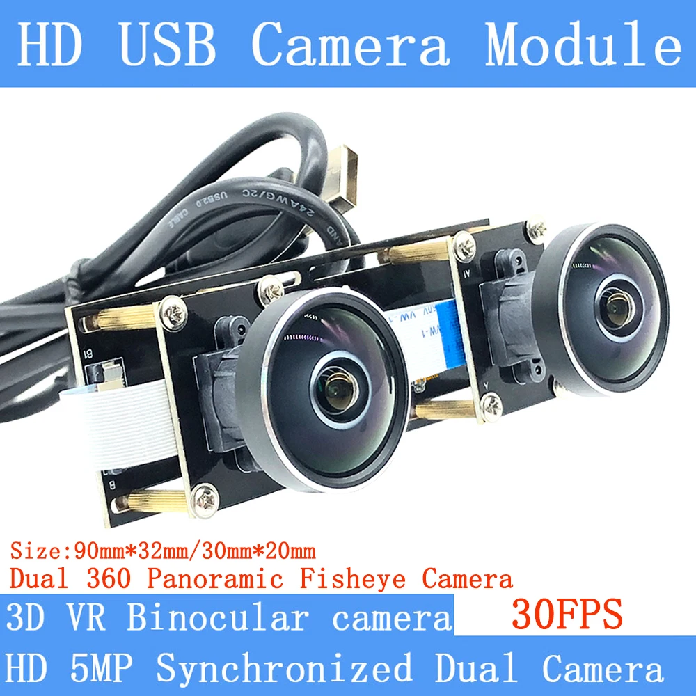 360° Dual Lens Fisheye Binocular Stereo 1080P Webcam 5MP USB Camera Module for 3D VR Virtual Reality