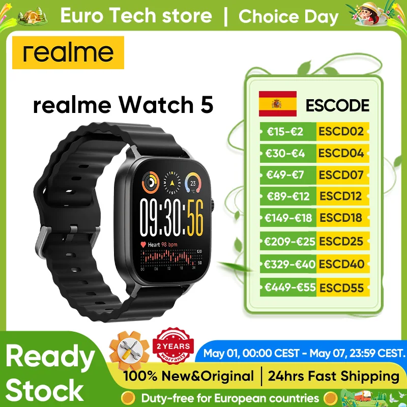 realme Watch 5 GPS NFC Smartwatch versión Global 1,97 "pantalla AMOLED 14 días de duración de la batería Bluetooth 5,3 GNSS IP68 para Android ip