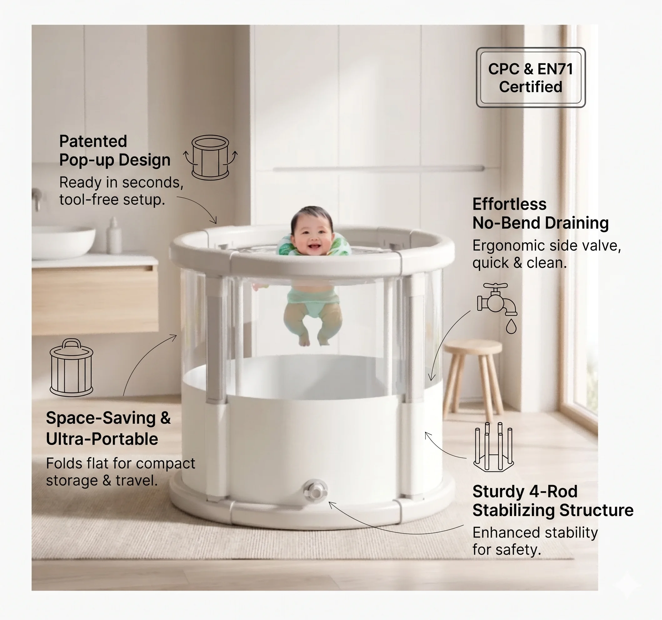 Foldable Freestanding Bathtub Portable Non-Inflatable PVC Soaking Tub for Adults Space-Saving Compact Bath Pool