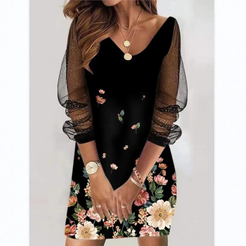 

Ladies Elegant Summer Printed Dress Fashion Lace Patchwork Long Sleeved Loose Dresses Woman's Foreign Style Streetwear Vestidos