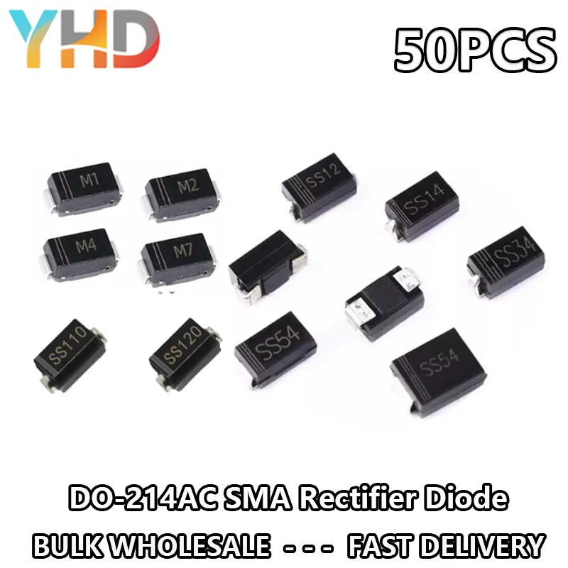 50PCS M1 M2 M4 M7 SS12 SS14 SS16 SS24 SS34 SS36 SS110 SS210 SS310 RS1M RS2M ES1J US1M ES1D 1N4007 DO-214AC SMA Rectifier Diode
