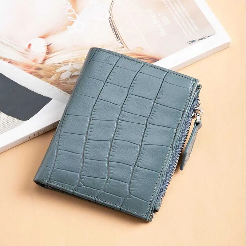 Genuine Leather Short Wallet Crocodile Pattern Cowhide Purse Minimalist Snap Button Zipper Coin Card Holder Fashion Clutch