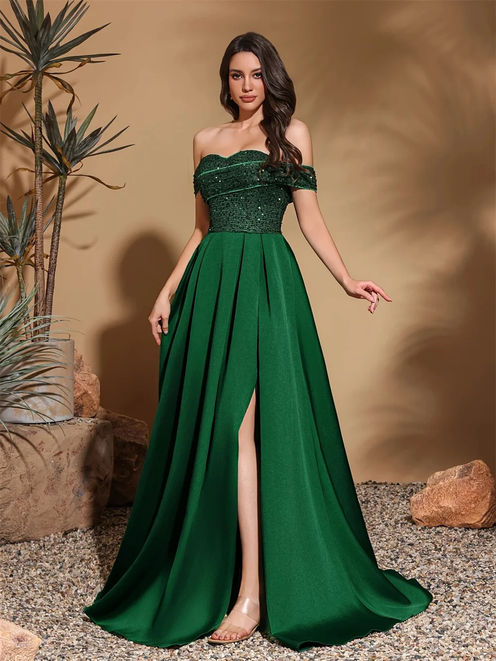 

Customized strapless bodycon floor-length gown with front slit, delicate lace, elegant aura.