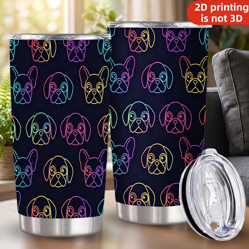 20oz Neon Rainbow Dog Outline Printed Stainless Steel Tumbler with Lid and Straw, Colorful Line Art Dog Lover Frenchie Pet Owner Vacuum Insulated Travel Coffee Mug Gifts