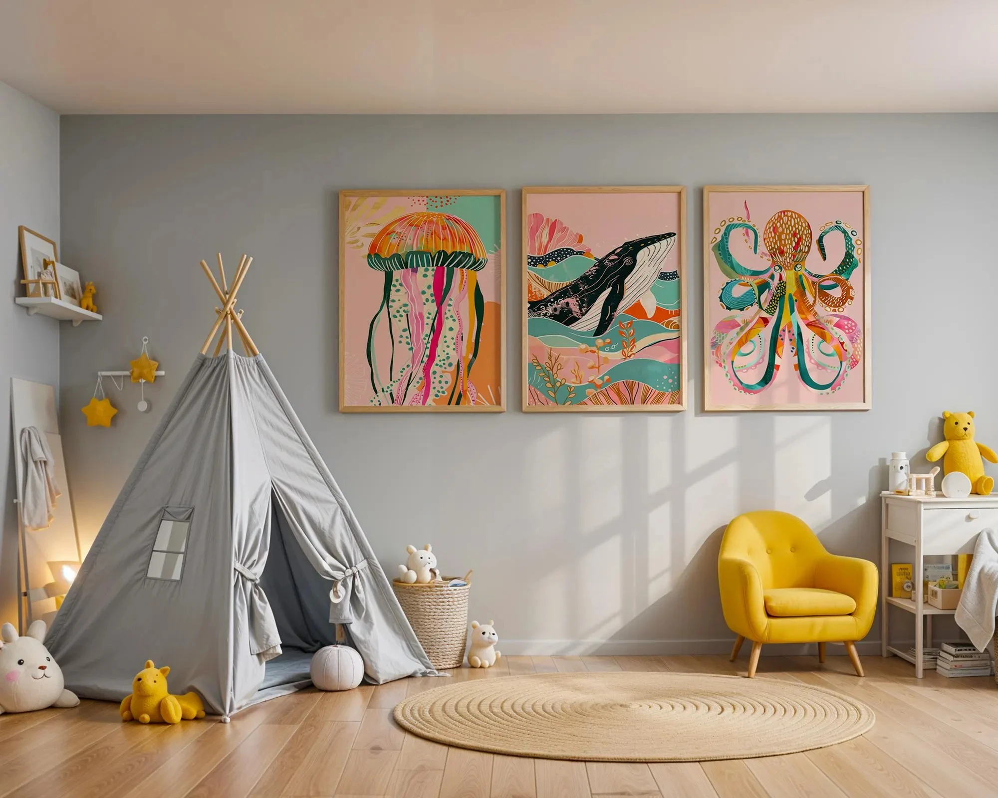 3pcs (No frame),Set Of 3 Sea Animal Posters, Kids Wall Prints, Whale, Jelly Fish, Octopus, Pink Wall Decor, Magical Wall Art, Nu