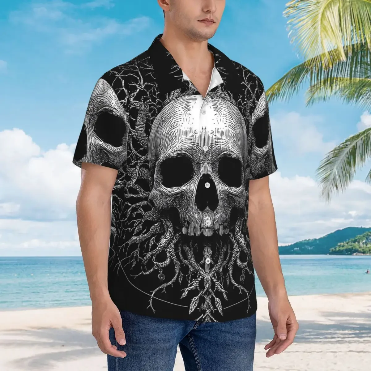 Skeleton Tree Printed Hawaiian Shirts Funny Men Short Sleeve Shirt for Summer Beach Men's Lapel Tops