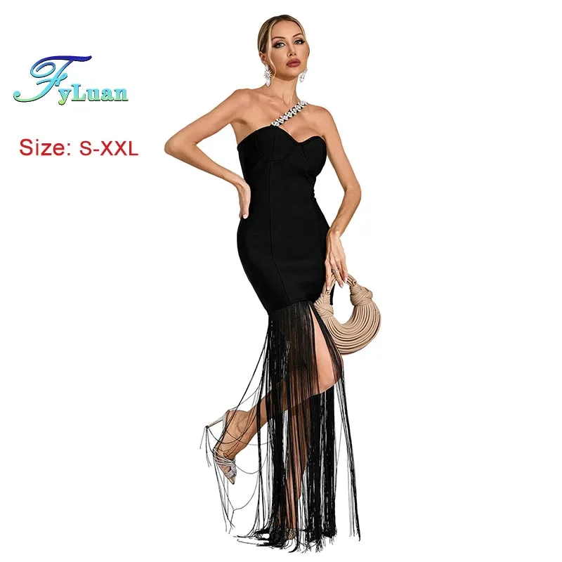 2025年新作ファッション レディース服 セクシー ホット ラインストーン ショルダーストラップ ドレス ブラック タッセル スリム ミニドレス ボディコン イブニングドレス