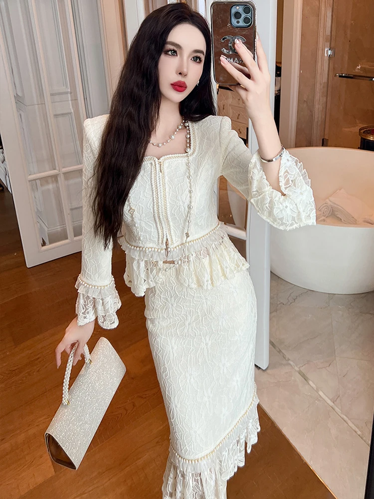 Fashion Elegant 2 Piece Set for Women 2023 Celebrity Lace Long Sleeve Ruffles Jackets Midi Fishtail Skirt Outfits Party Banquet