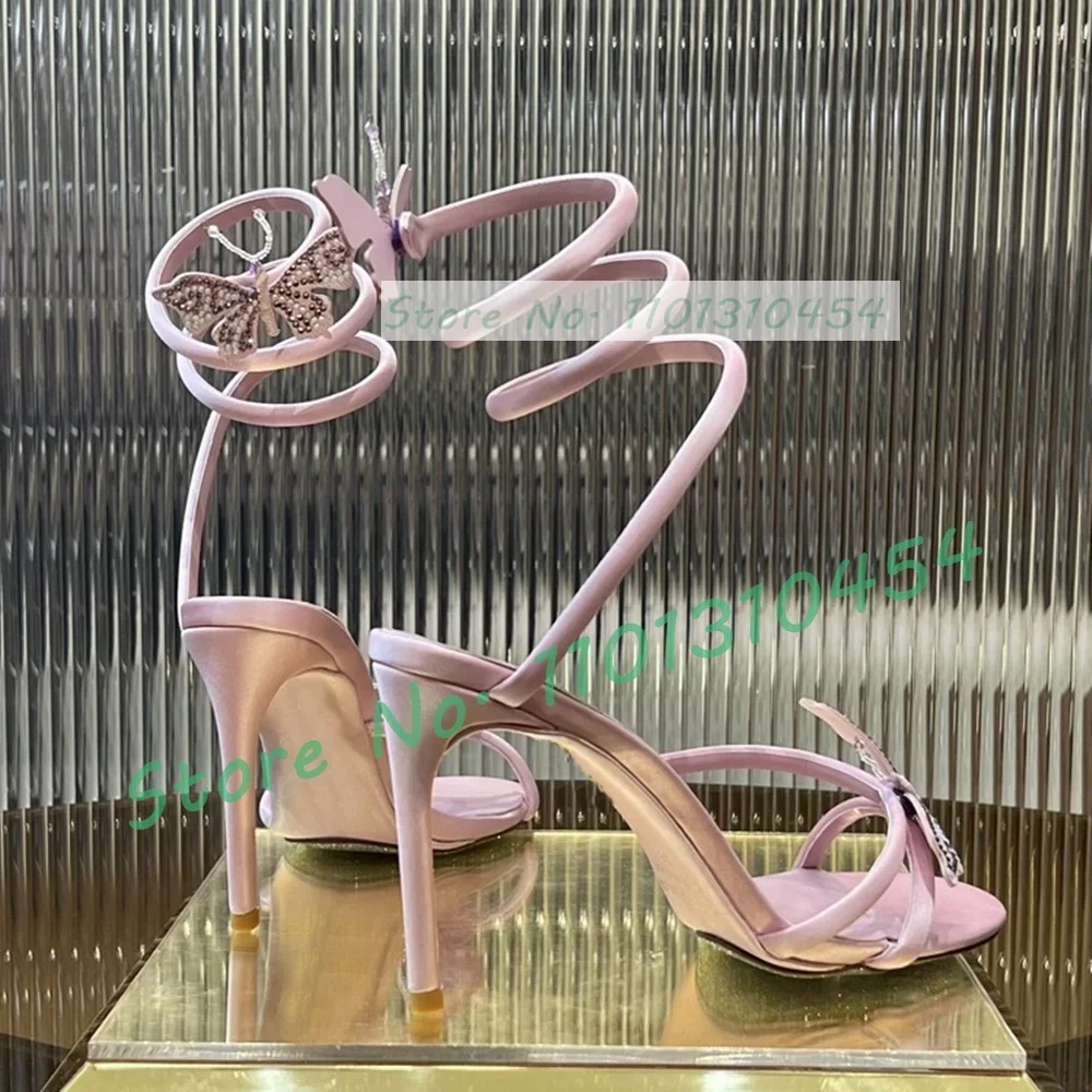 Yellow Butterfly Snake Wrap Sandals Women Gorgeous Trendy Open Toe Crystal Stiletto High Heels Sandals Luxury Cow Leather Shoes