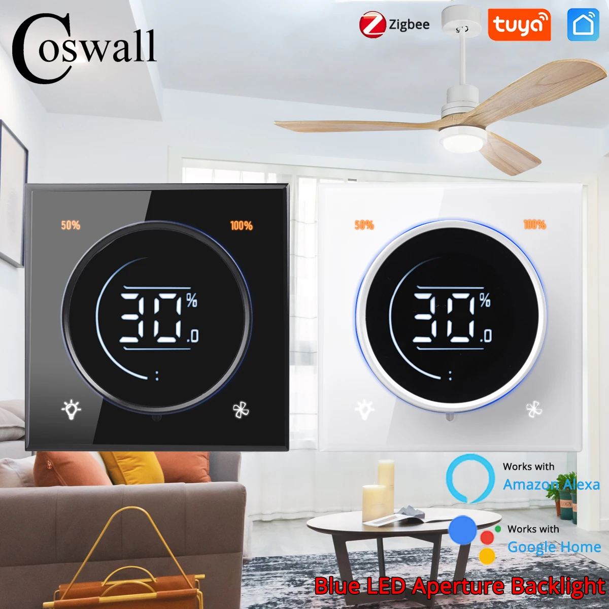 Glass Panel Wifi/Zigbee Smart Light Switch With Knob Fan Controller 300W Max. AC110-240V Digital LCD For Ceiling Fan Lamp