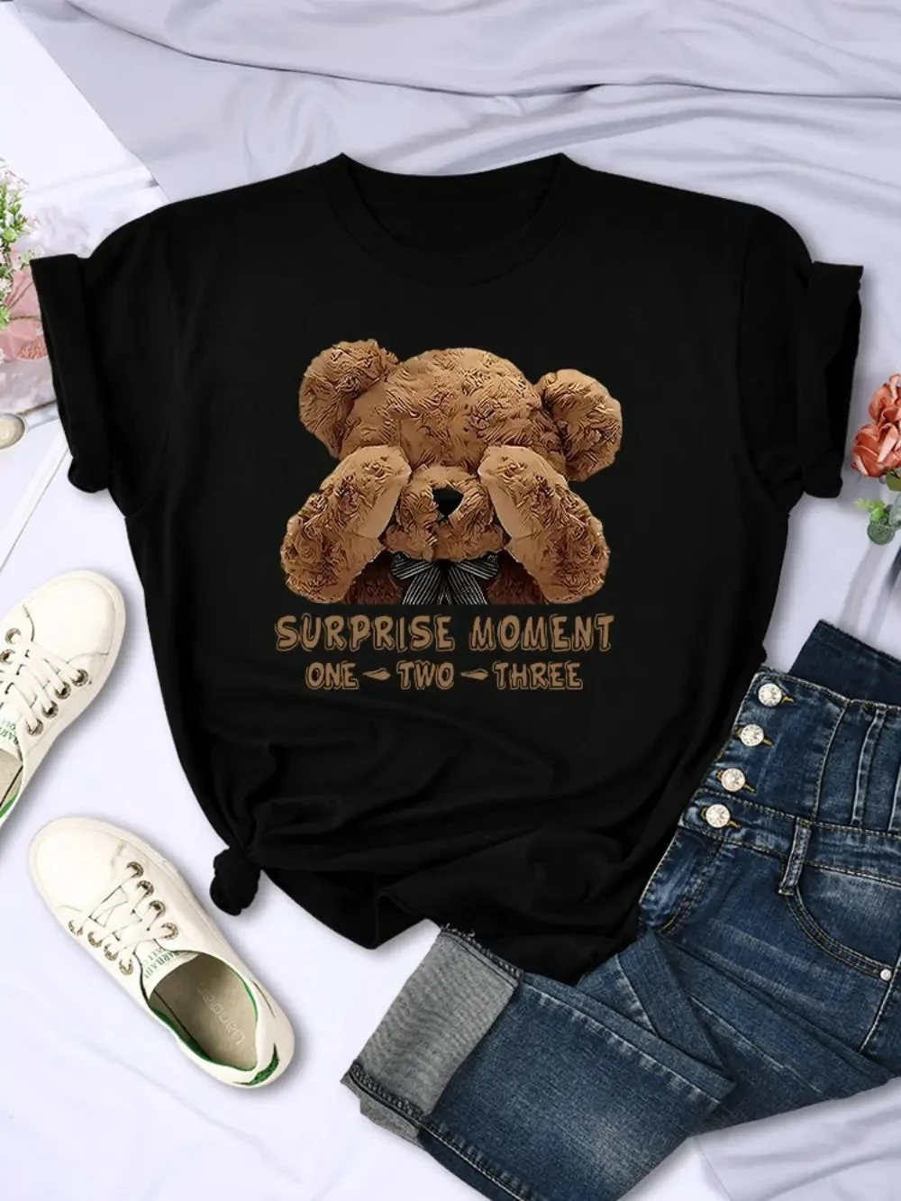

Summer Womans T-Shirts One Two Three Teddy Bear Printed Tops Breathable Soft O-Neck Tee Shirts Casual Cartoons Female Clothes