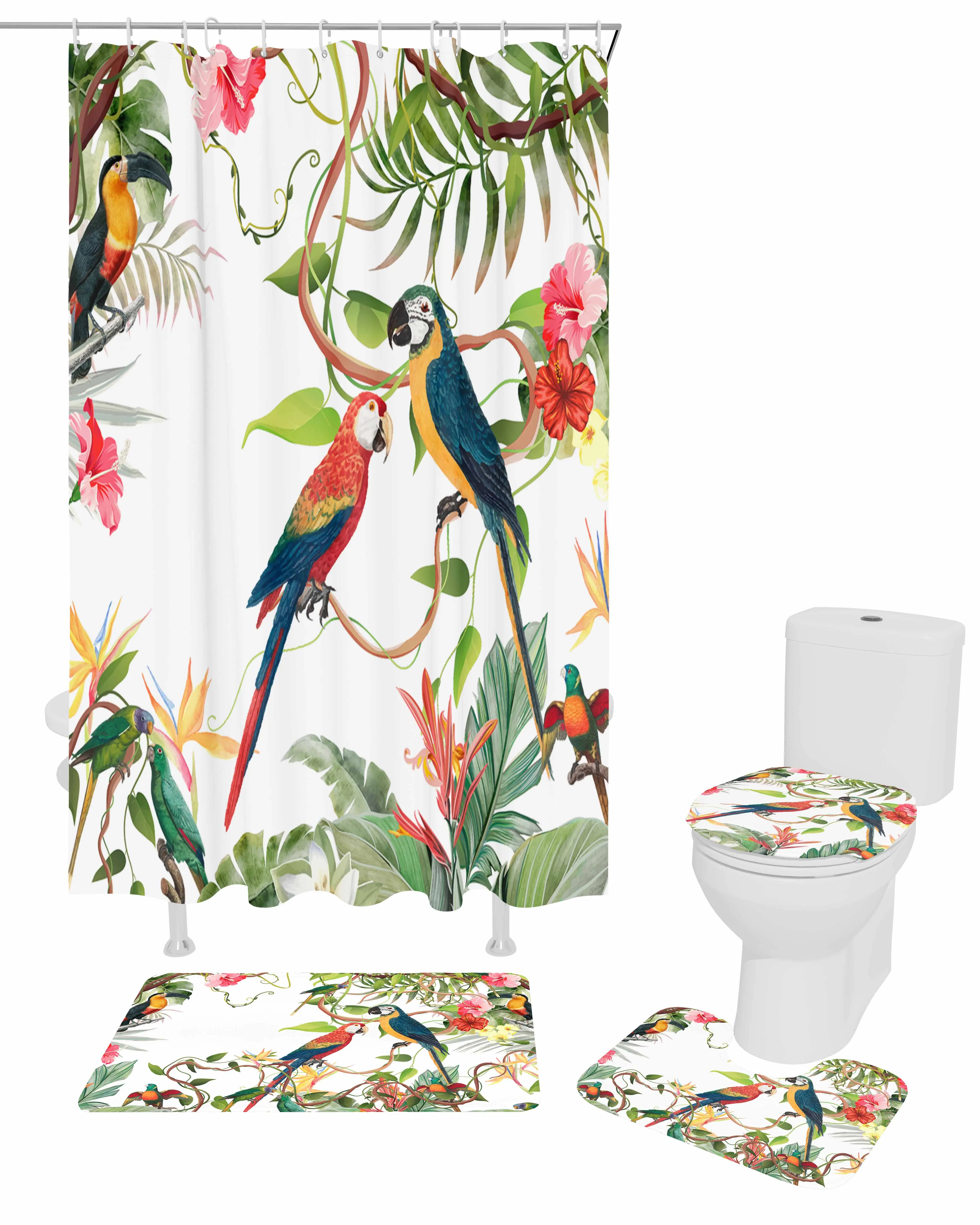 Tropical Leaves Parrot Flowers Shower Curtain Non-Slip Rugs Toilet Lid Cover and Bath Mat Bathroom Curtains with Hooks