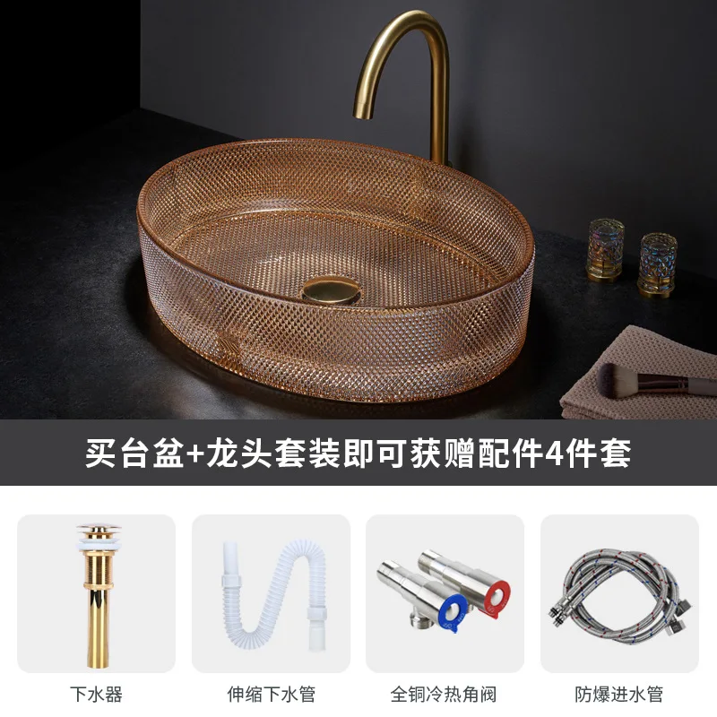 A  Crystal glass wash basin washing light luxury oval large size table household bathroom washbasin hotel special