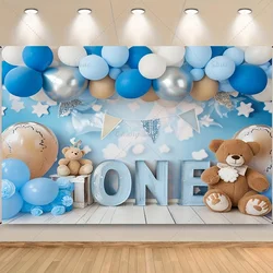 Blue Balloon Happy Birthday Bear Background Cloth Suitable For Birthday Party Baby Shower Holiday Decoration Photo Props