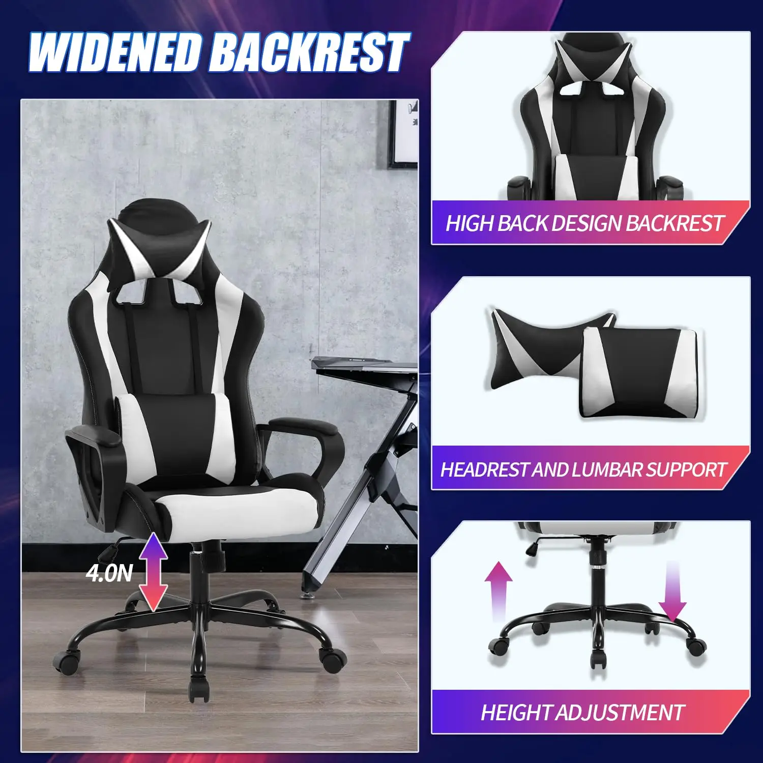 Gaming Chair Office Chair High-Back Ergonomic Video Game Chairs for Kids Teen Adult Height Adjustable Reclining, Customized view 4
