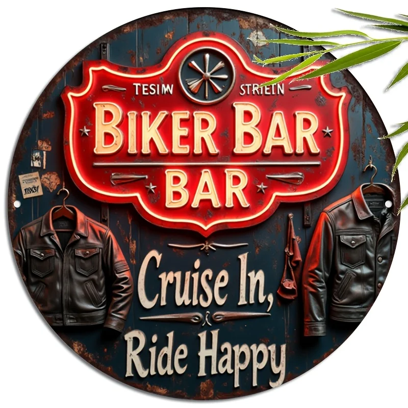 1 Stück Vintage Biker Bar Metallwandschild – 20,32 x 20,32 cm Retro-Neon-Stil „Biker Bar, Cruise In, Ride Happy“ Design – langlebiges Moto