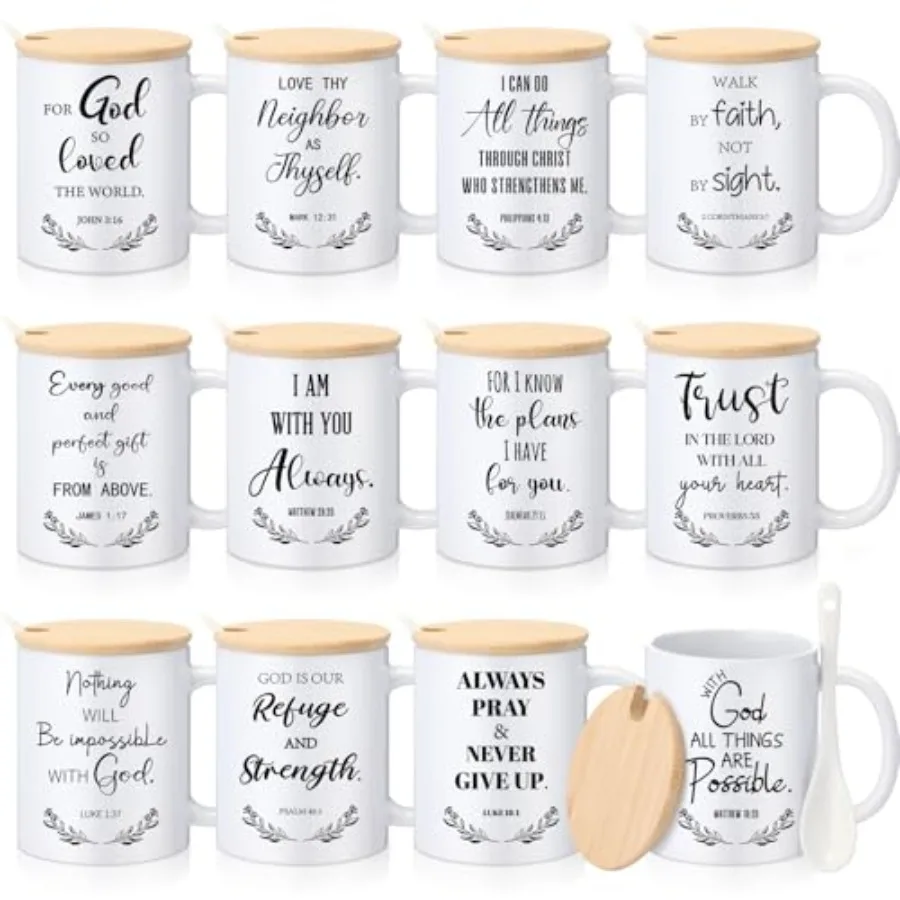 

12 Sets Gifts Bulk Mugs 12oz Bible Verses Ceramic Coffee Cup with Lid Handle Spoon Inspirational Mug Church Gift for Coworker E