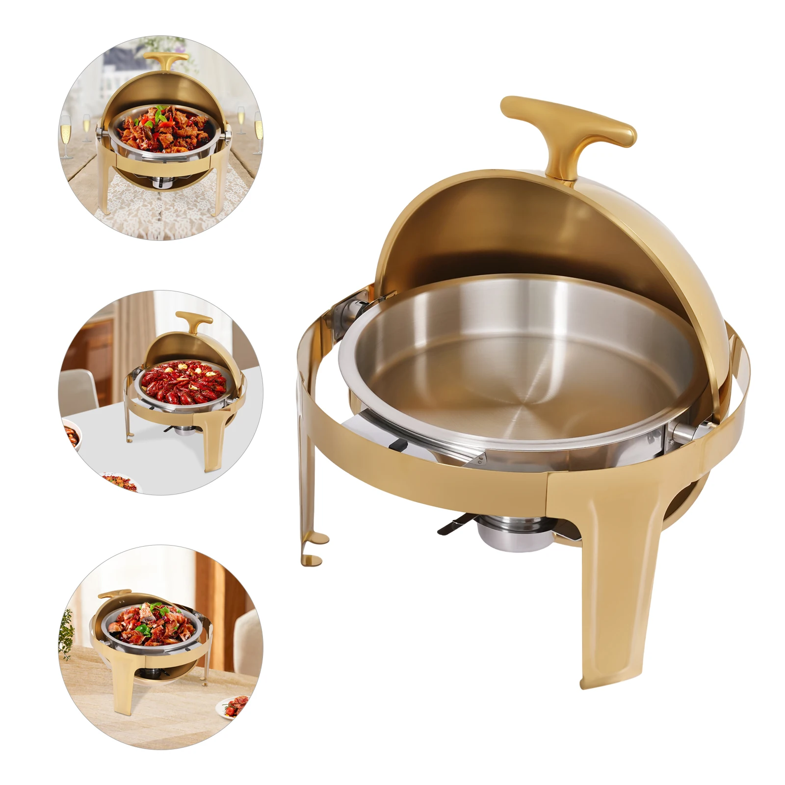 BYMAOCAR 9L Round Gold Chafing Dish Set, Buffet Food Warmer with Steel Lid, Glass Pan, Water Pan & Fuel Holders for Party Catering