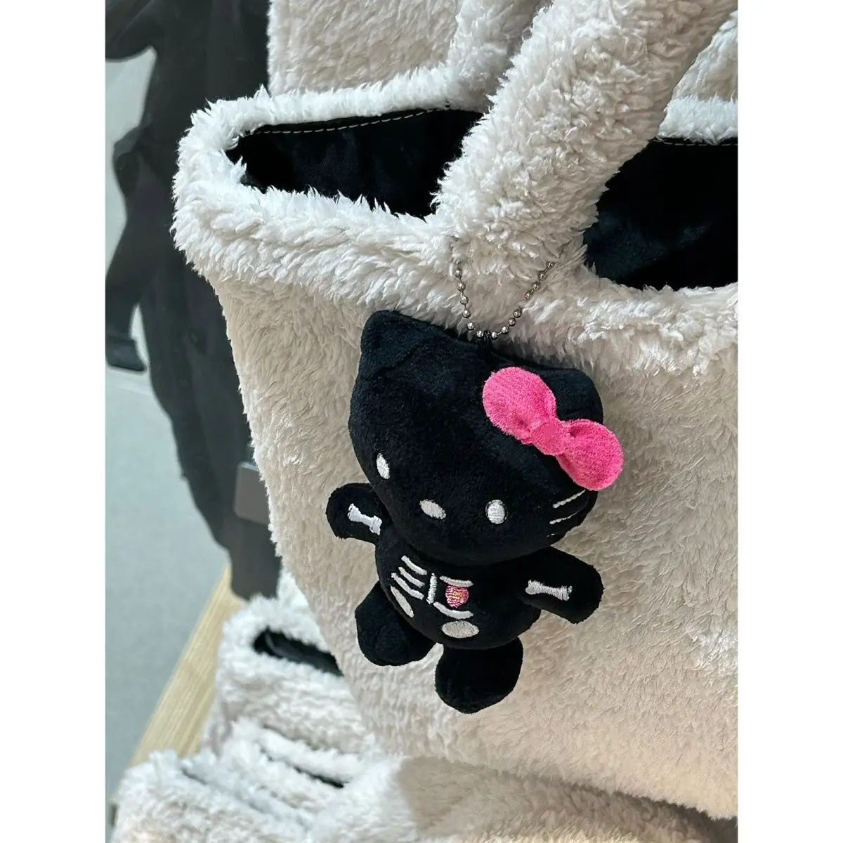 Black Hello Kitty Plush Keychain Plushies Y2k Hello Kitty Skeleton Backpack Pendant Plush Dolls For Girls Cartoon Kids Toys Gift