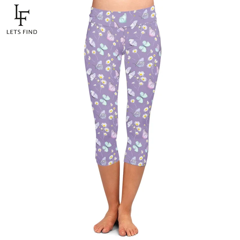 

LETSFIND New 3D Daisy Flowers and Butterfly Print Women Leggings Fashion Girls Soft Fitness Stretch Slim Mid-Calf 3/4 Pants