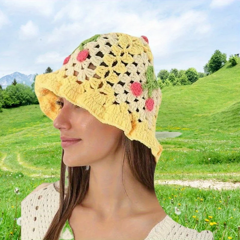 

Wavy Edge Bucket Hat Color Block Knit Design Hand Crochet Cherry Pattern for Women Spring Summer Fashion Headwear