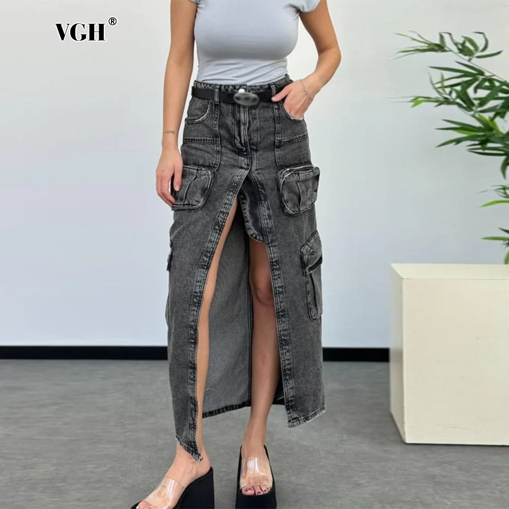 VGH Solid Streetwear Long Denim Skirts For Women High Waist Patchwork Pocktes Minimalist Casual Split Skirt Female Fashion Style