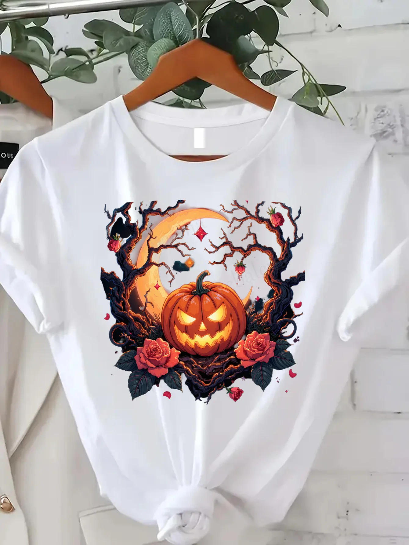 بالإضافة إلى حجم جولة الرقبة تي شيرت هالوين اليقطين القمر روز طباعة المرأة زائد حجم تي شيرت