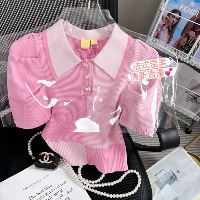 French Sweet Style Pink Ribbed Knit Top Polo Collar Puff Short Sleeve Pearl Buttons Color Block Casual Commute Outfit