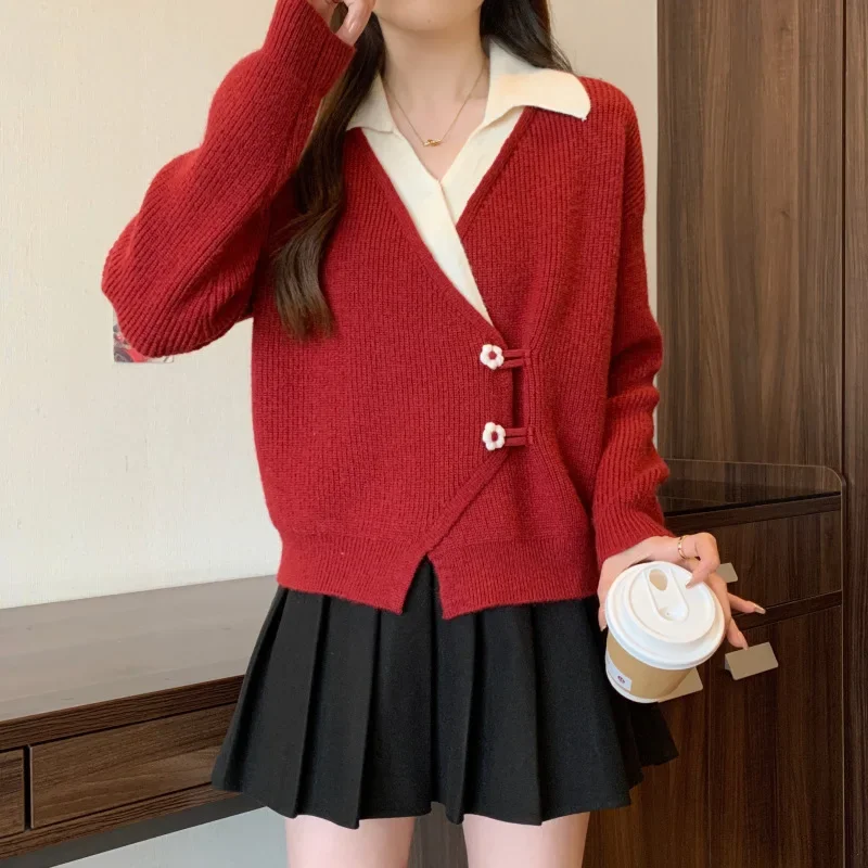 Stylish National Style 2024 Red Irregular Cardigan Sweater Coat Women\'s Plus Size Slimming Faux Two-piece Knitted Collarless Top