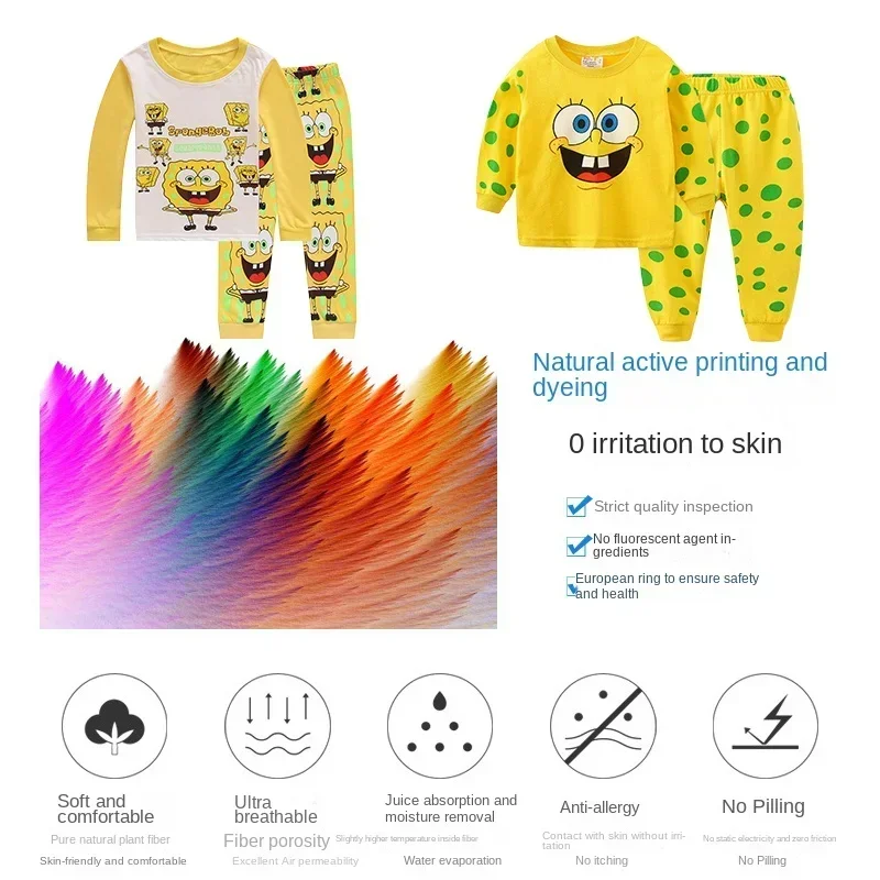 2PCS SpongeBob SquarePants Children\'s Long-sleeved Pajamas Set Boys and Girls Long-sleeved Round Neck Tops Trousers Cotton Suit