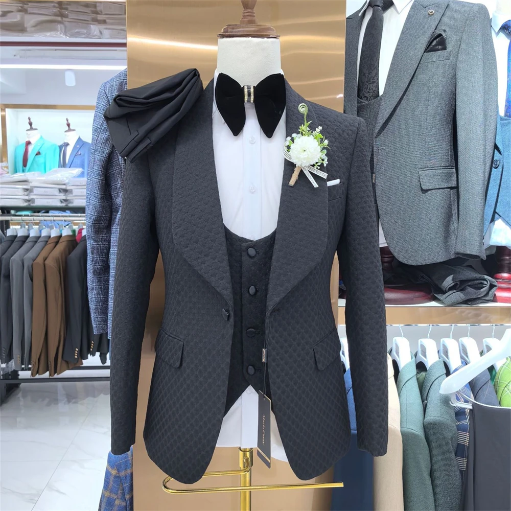 High Quality Checkered Men‘s 3 Pieces Suit Set, Fashion Blazer Vest Pants Set, Wedding Groom Best Man Tuxedo Prom Wear