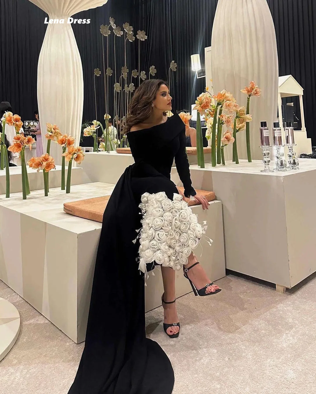 Lena Luxurious Women's Evening Dresses for Special Occasions Custom Made 3D Flowers Fish Tail Black Long Sleeves Dress Prom image 3
