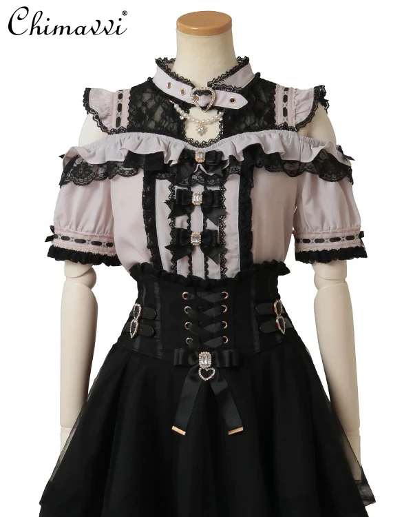 

Liz Japanese Mine Series Массовое производство, рубашка с воротником и открытыми плечами, кружевная рубашка с бантом, милая блузка принцессы с короткими рукавами для девочек