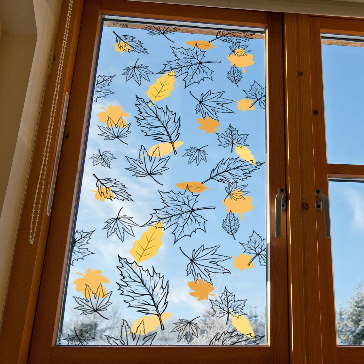 Hand-drawn Autumn Maple Leaf Line Art Window Decorative Double-sided Printed Static Clings Stickers Removable Waterproof