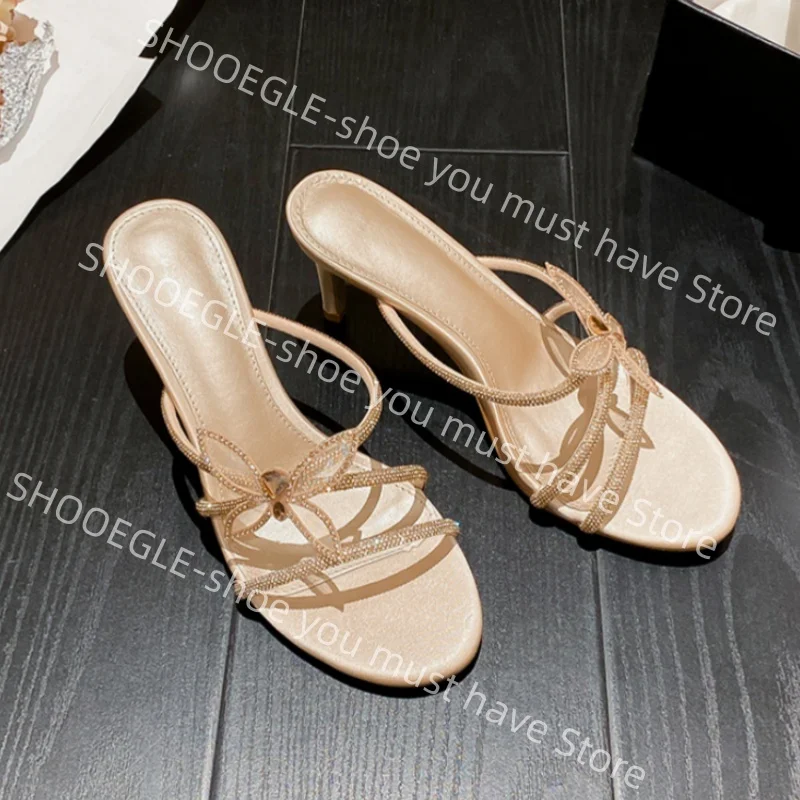 

Women's Champagne Glitter Open-Toe Block Heel Sandals Rhinestone Butterfly Embellishment Elegant Ladies Slip-On Design Slippers